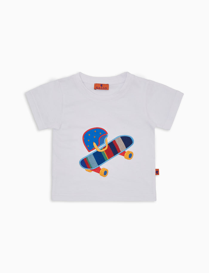 T-shirt bambino cotone tinta unita bianco con ricamo skateboard - Gallo 1927 - Official Online Shop
