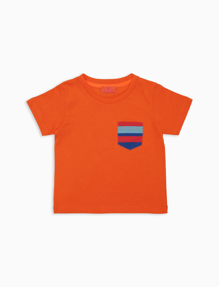 T-shirt bambino cotone tinta unita con taschino righe multicolor arancio - Gallo 1927 - Official Online Shop