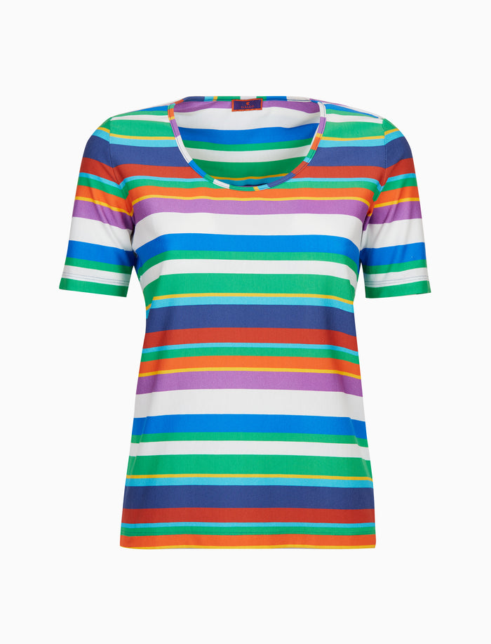 T-shirt donna maniche a 3/4 in jersey di cotone blu righe multicolor