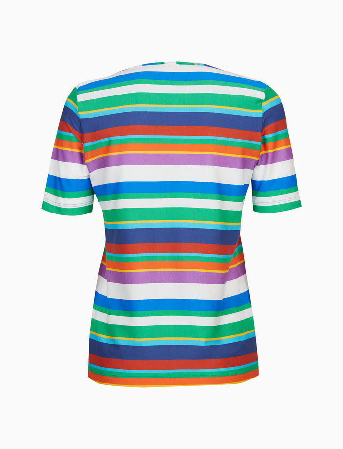 T-shirt donna maniche a 3/4 in jersey di cotone blu righe multicolor