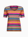 T-shirt donna maniche a 3/4 in jersey di cotone fucsia righe multicolor