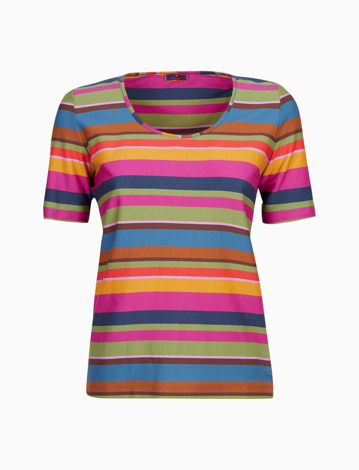 T-shirt donna maniche a 3/4 in jersey di cotone fucsia righe multicolor