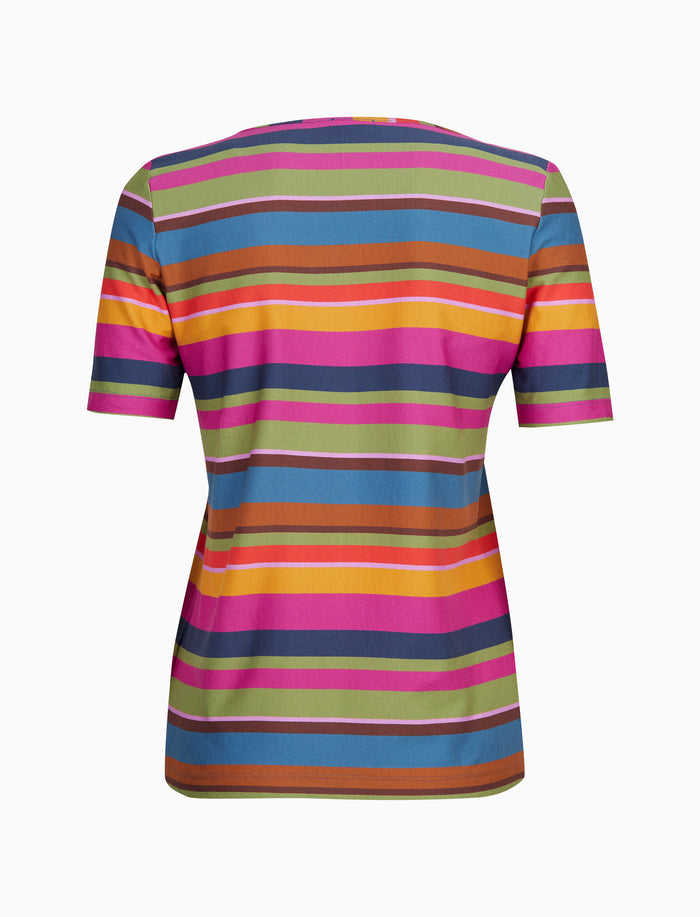 T-shirt donna maniche a 3/4 in jersey di cotone fucsia righe multicolor
