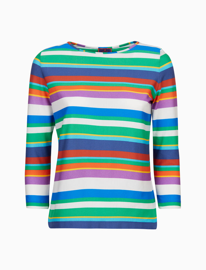 T-shirt donna maniche a 7/8 in jersey di cotone blu righe multicolor
