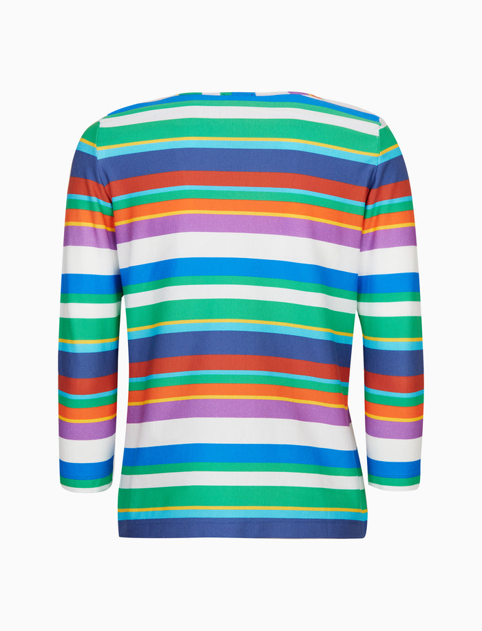 T-shirt donna maniche a 7/8 in jersey di cotone blu righe multicolor