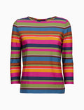 T-shirt donna maniche a 7/8 in jersey di cotone fucsia righe multicolor
