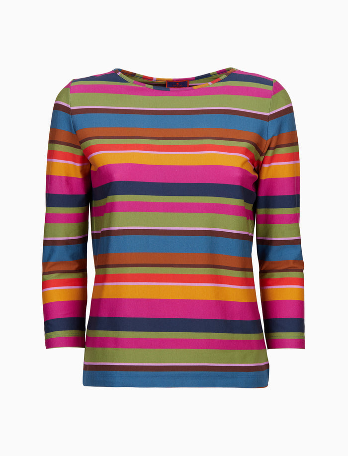 T-shirt donna maniche a 7/8 in jersey di cotone fucsia righe multicolor