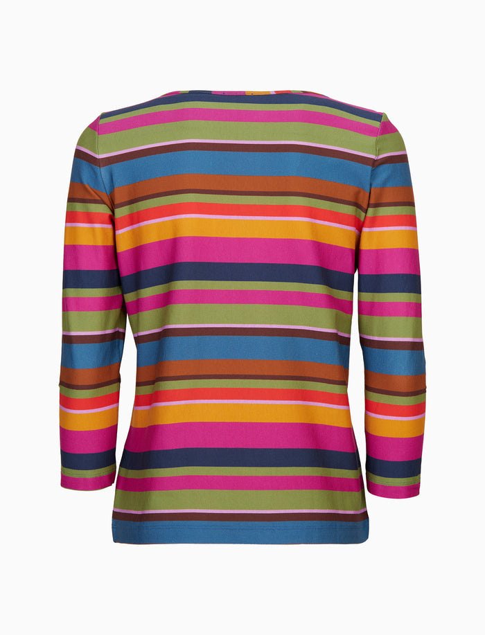 T-shirt donna maniche a 7/8 in jersey di cotone fucsia righe multicolor