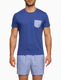 T-shirt girocollo uomo cotone tinta unita blu con taschino seersucker - Gallo 1927 - Official Online Shop