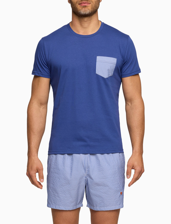 T-shirt girocollo uomo cotone tinta unita blu con taschino seersucker - Gallo 1927 - Official Online Shop
