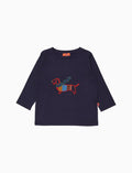 T-sirt girocollo maniche lunghe cotone bambino tinta unita blu con ricamo cane bassotto