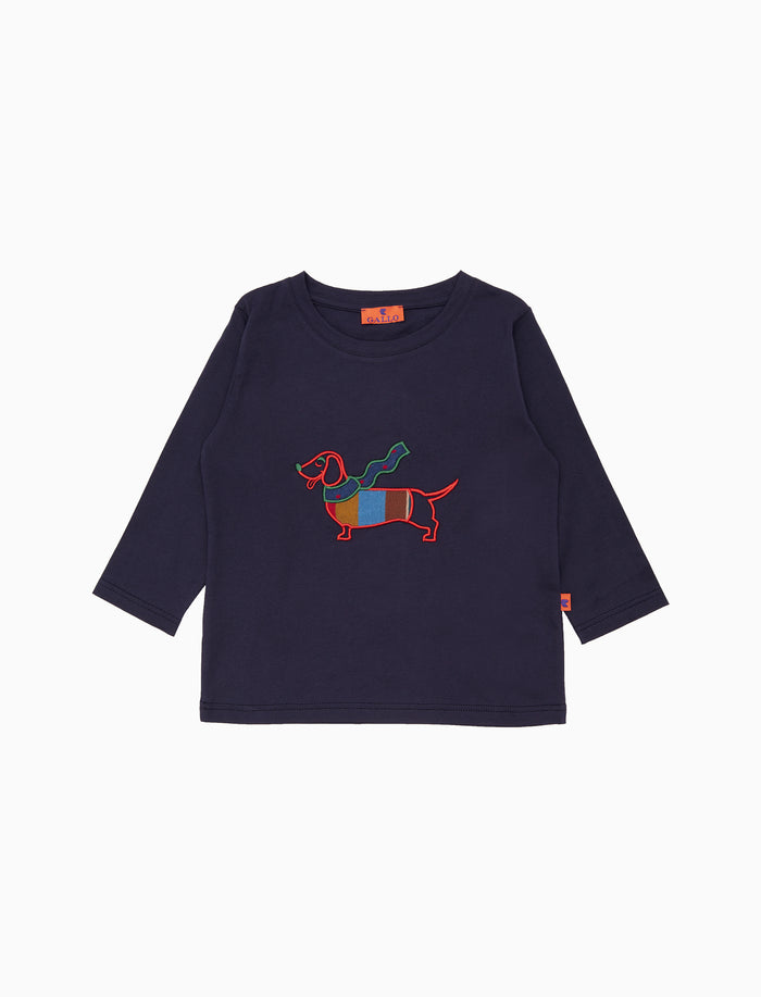 T-sirt girocollo maniche lunghe cotone bambino tinta unita blu con ricamo cane bassotto