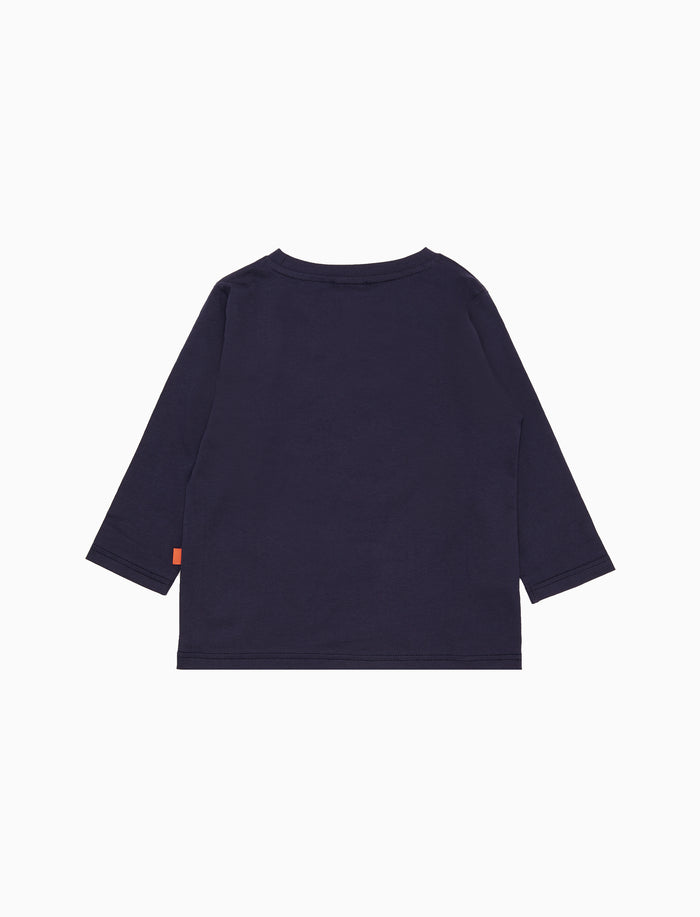 T-sirt girocollo maniche lunghe cotone bambino tinta unita blu con ricamo cane bassotto