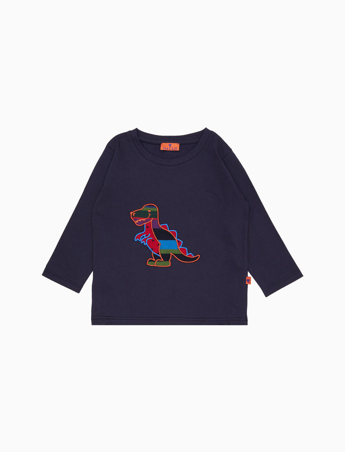 T-sirt girocollo maniche lunghe cotone bambino tinta unita blu con ricamo dinosauro