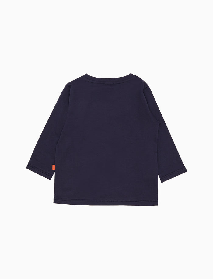 T-sirt girocollo maniche lunghe cotone bambino tinta unita blu con ricamo dinosauro