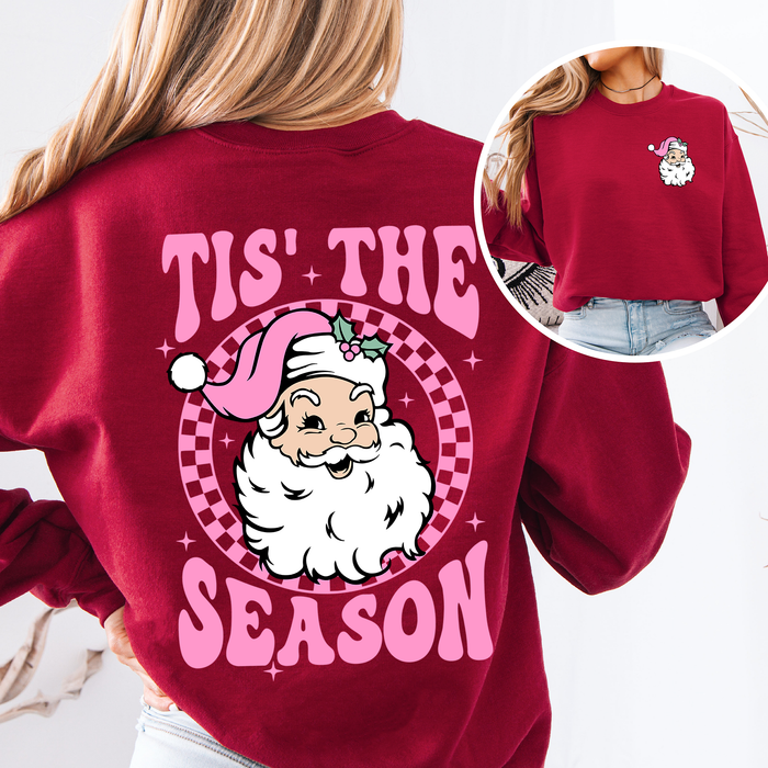 Tis The Season Retro Santa Checkered Front And Back Graphic Vintage Holiday Sweatshirt