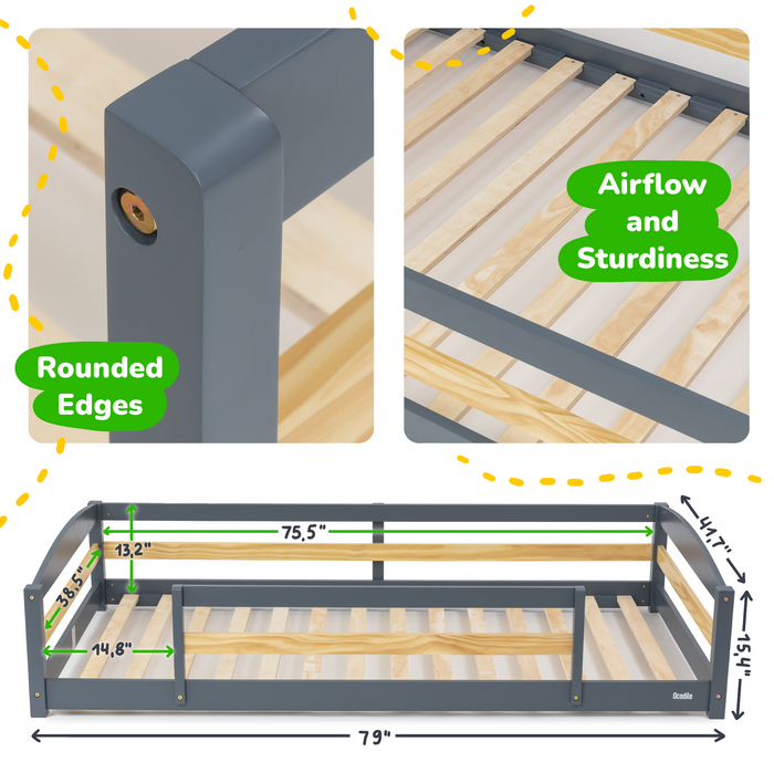Twin Floor Bed with Safety Guardrails for Kids - Montessori Inspired