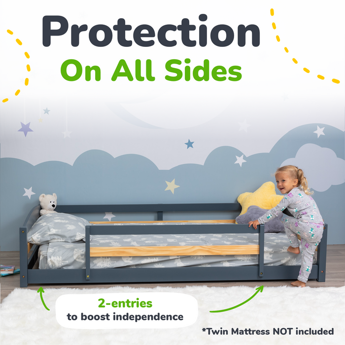 Twin Floor Bed with Safety Guardrails for Kids - Montessori Inspired