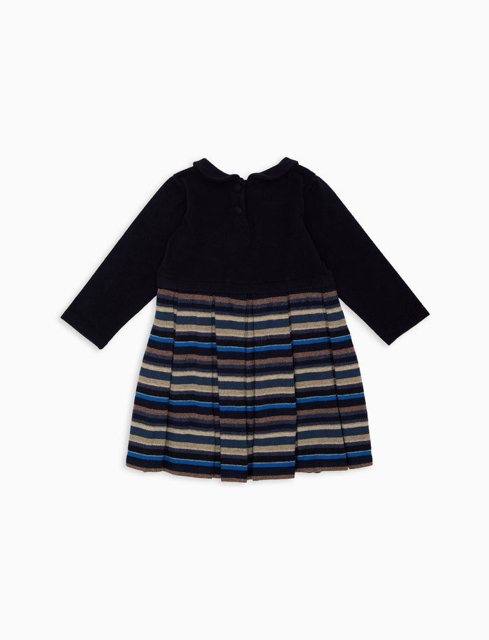Vestito a trapezio maniche lunghe bambino pile blu tinta unita e righe multicolor - Gallo 1927 - Official Online Shop